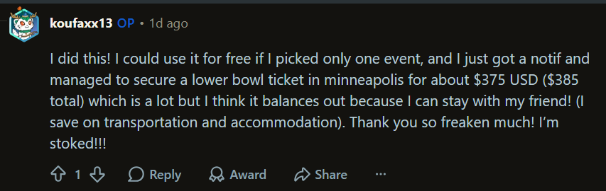 Reddit comment screenshot describing using TicketRobin for free on one event and securing a lower bowl ticket in Minneapolis.