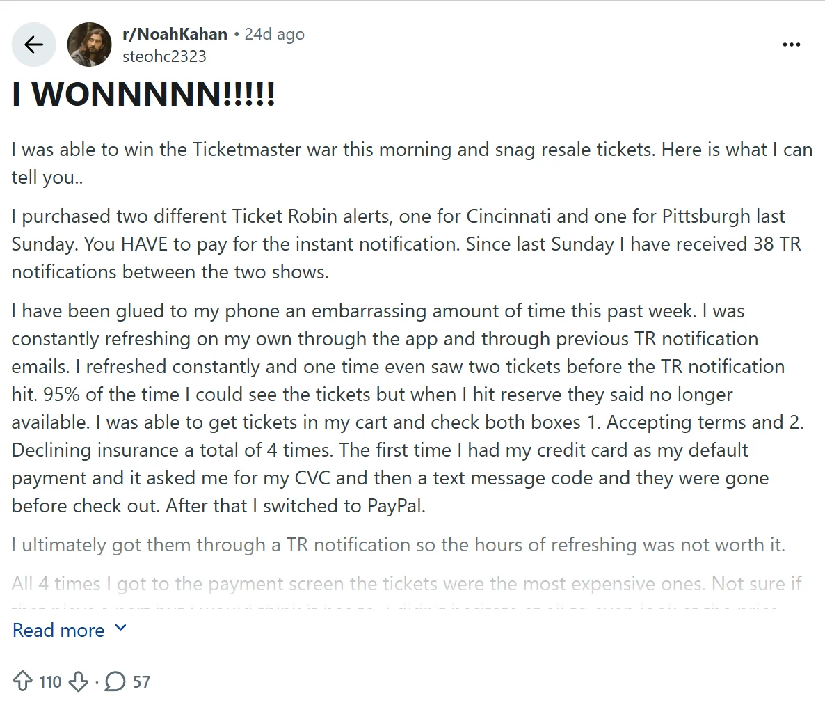 Reddit post from r slash NoahKahan titled I WONNNNN describing ultimately getting resale tickets through a TicketRobin instant notification.