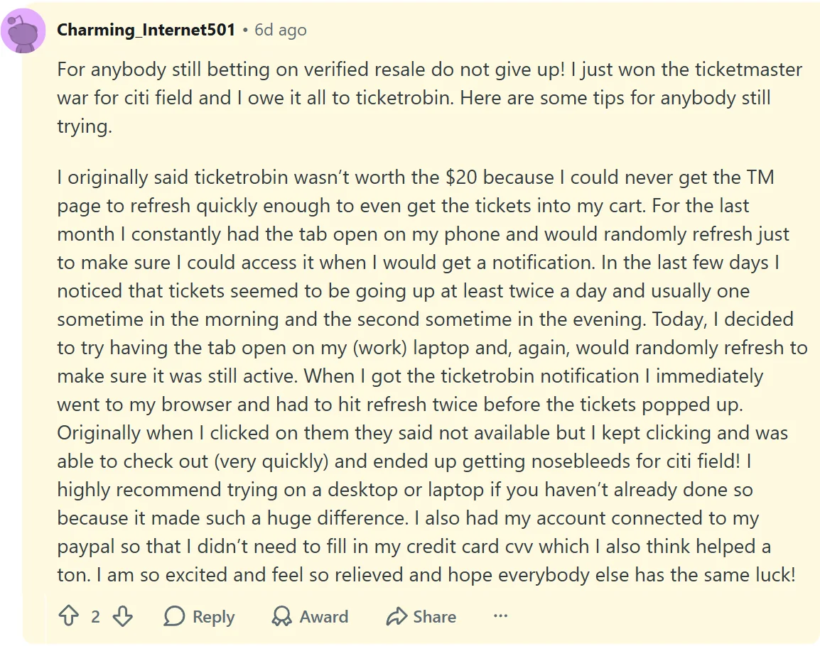 Reddit comment saying they won the Ticketmaster war for Citi Field and owe it all to TicketRobin, with tips for anybody still trying.